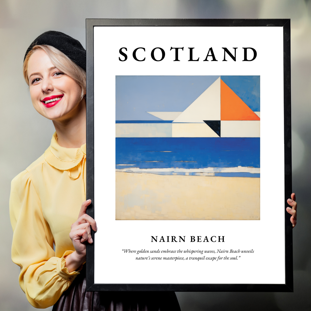 Person holding a poster of Nairn Beach