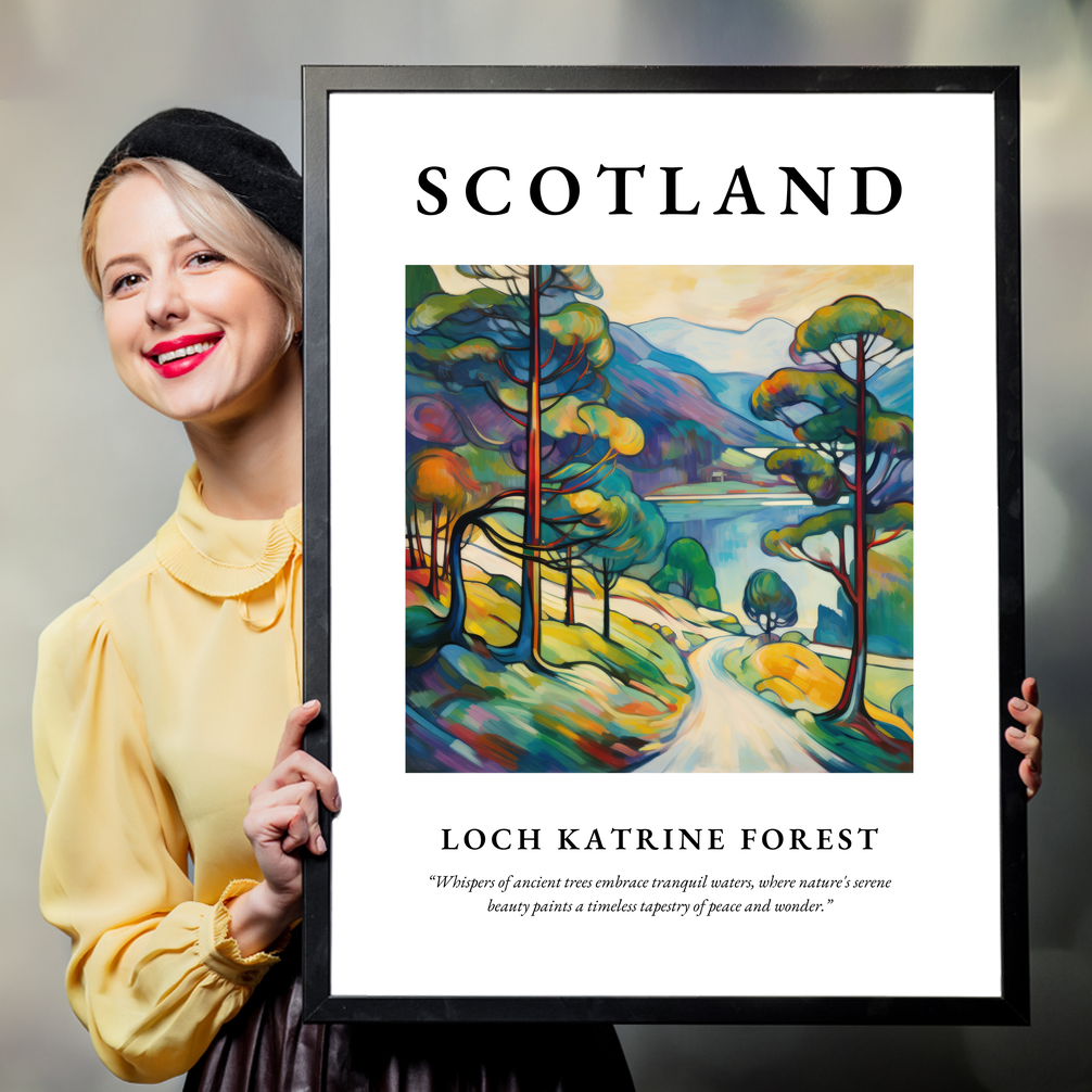 Person holding a poster of Loch Katrine Forest