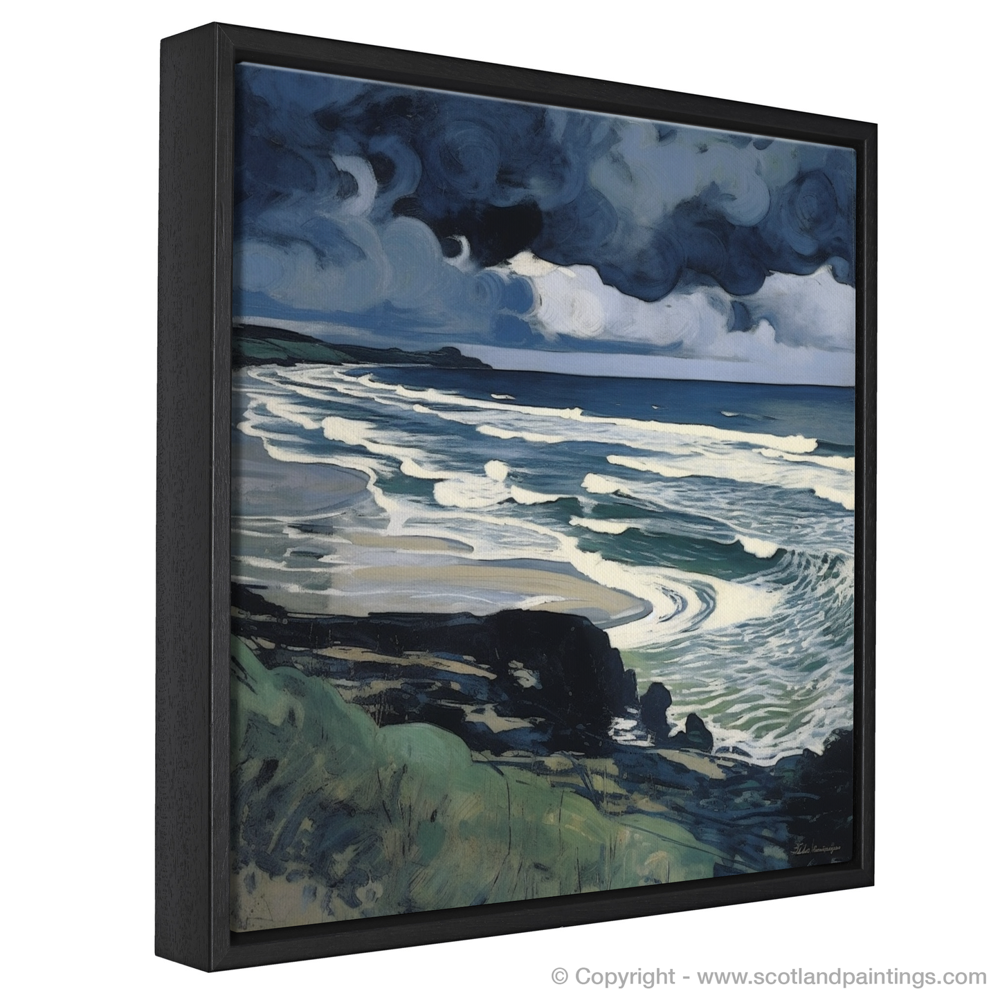 Storm Over Lunan Bay: An Art Nouveau Ode to Scotland's Rugged Coast