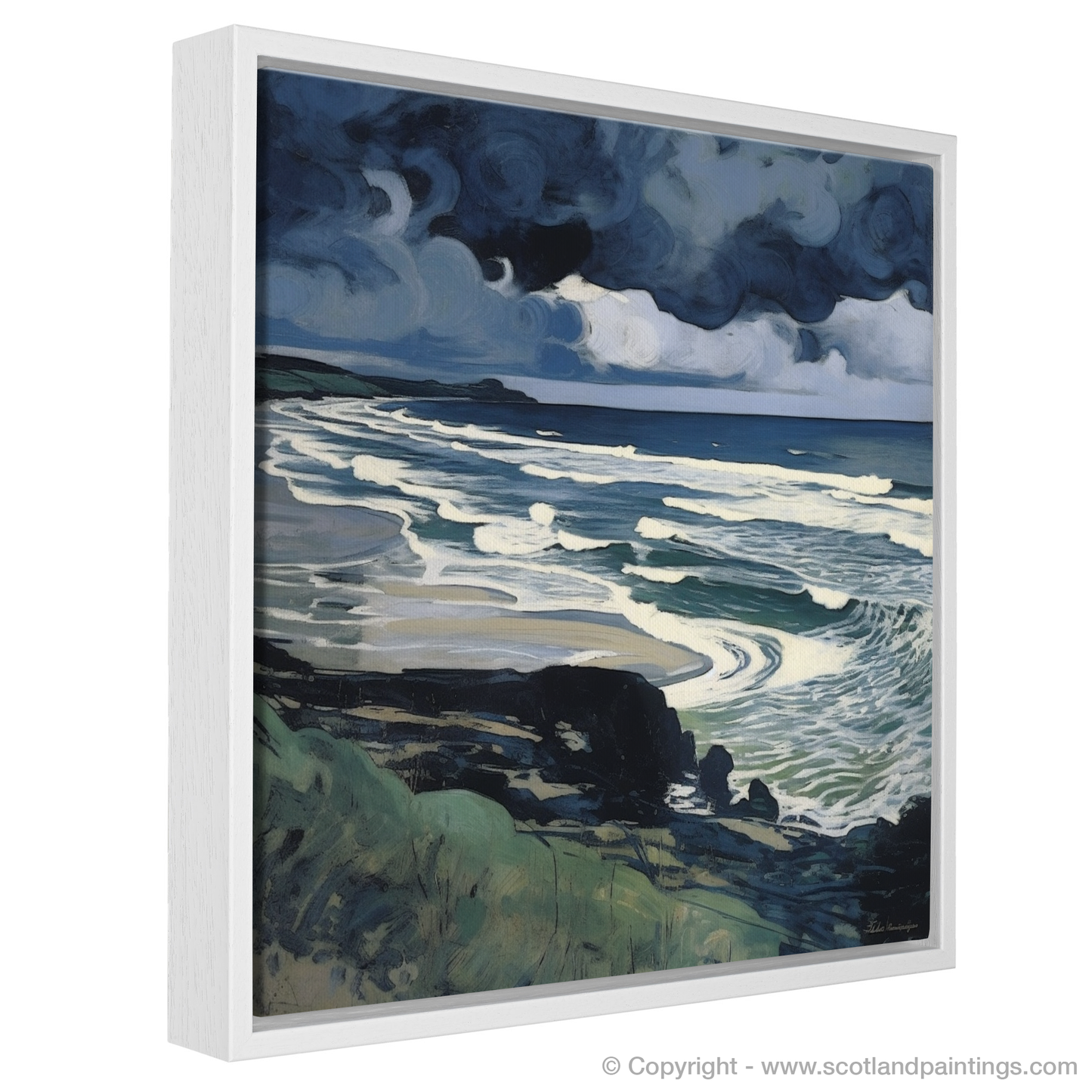 Storm Over Lunan Bay: An Art Nouveau Ode to Scotland's Rugged Coast