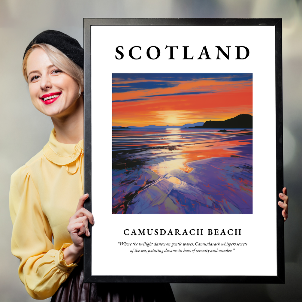 Person holding a poster of Camusdarach Beach