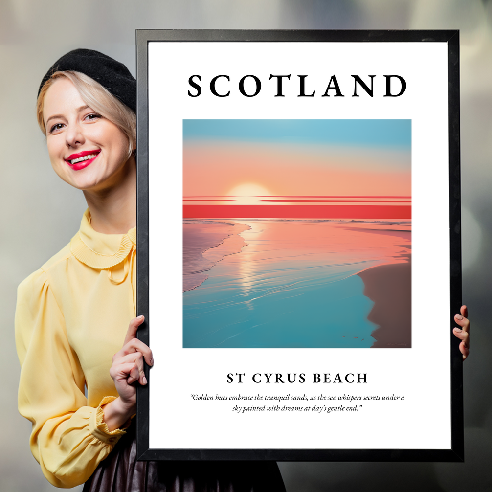 Person holding a poster of St Cyrus Beach