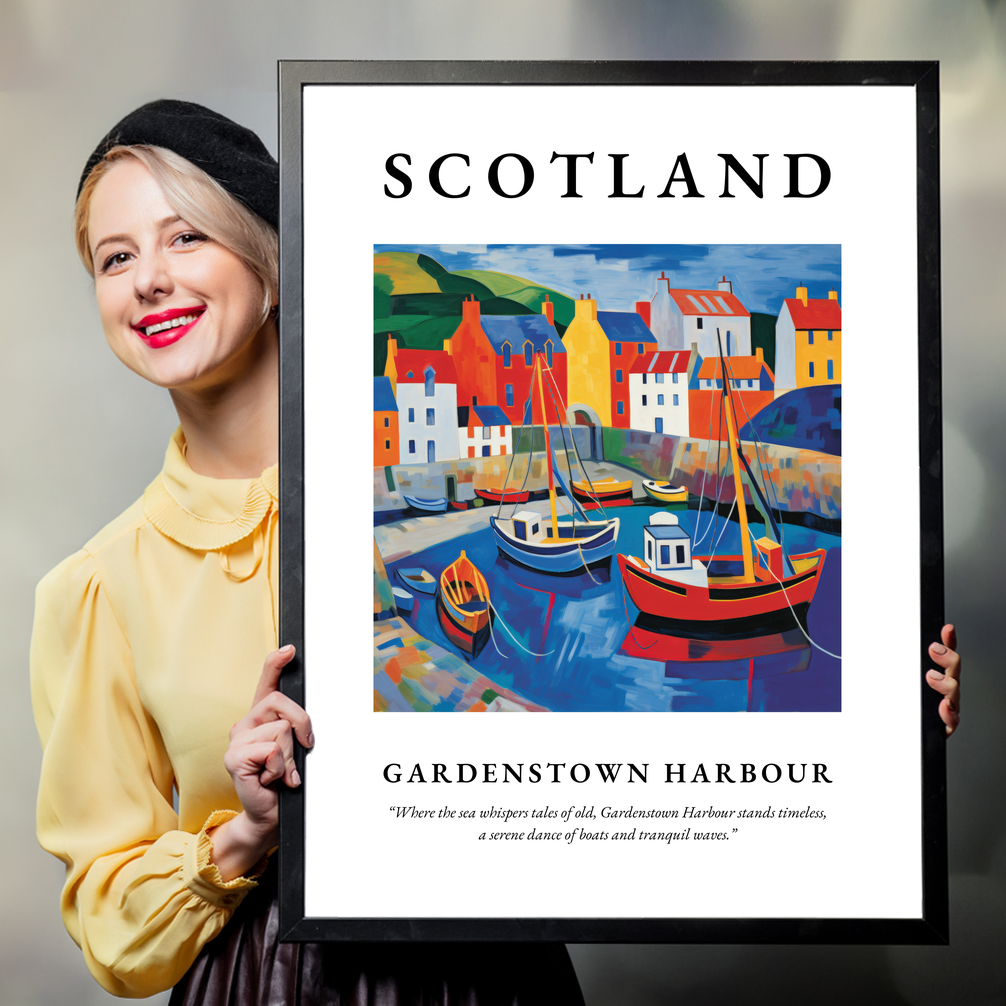 Person holding a poster of Gardenstown Harbour