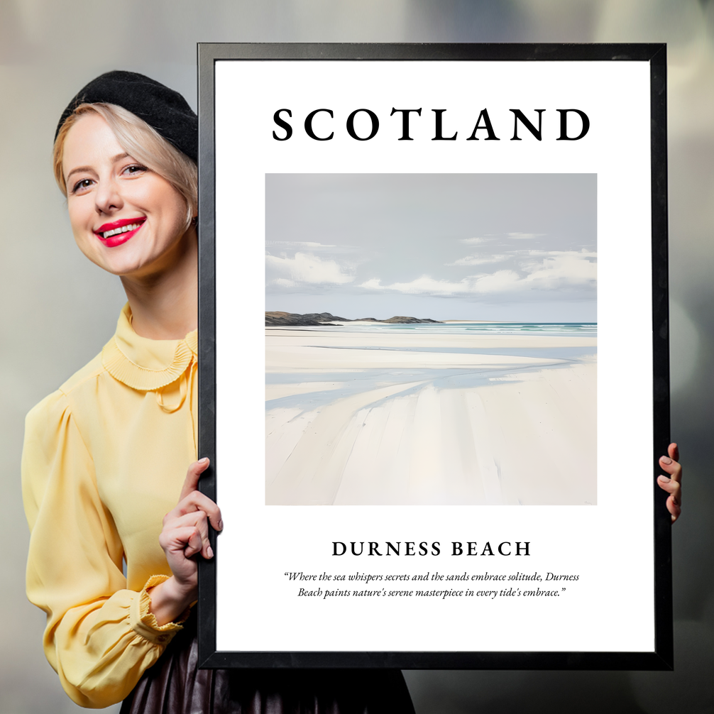 Person holding a poster of Durness Beach