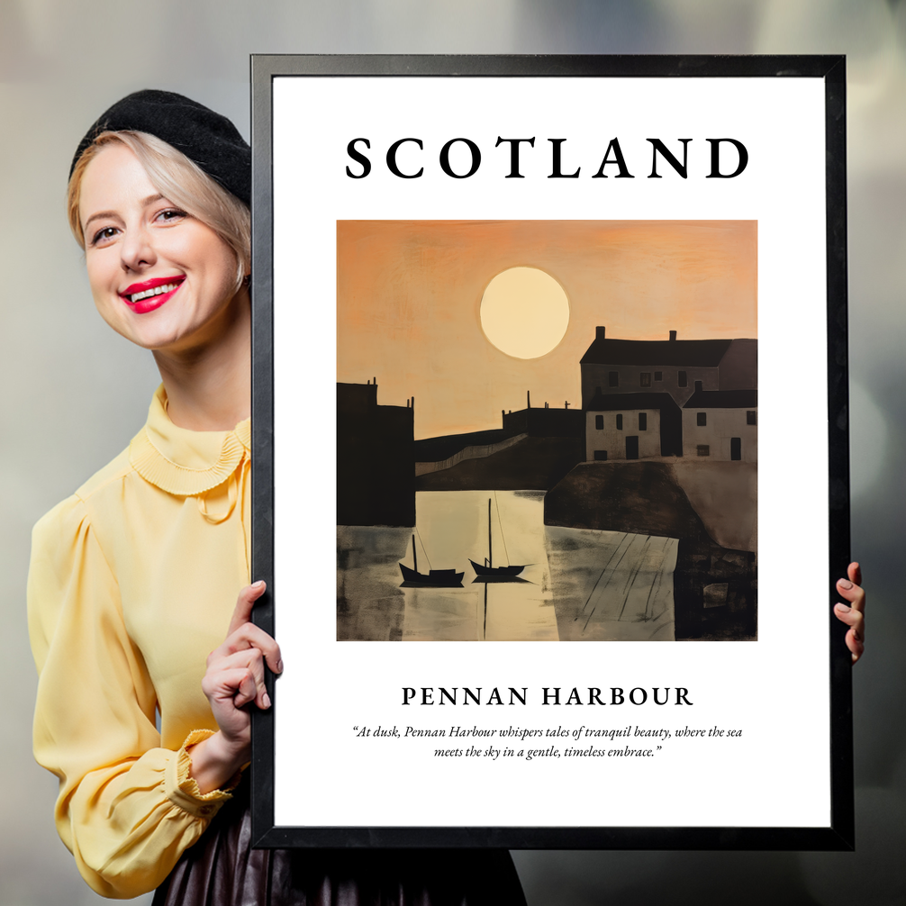 Person holding a poster of Pennan Harbour