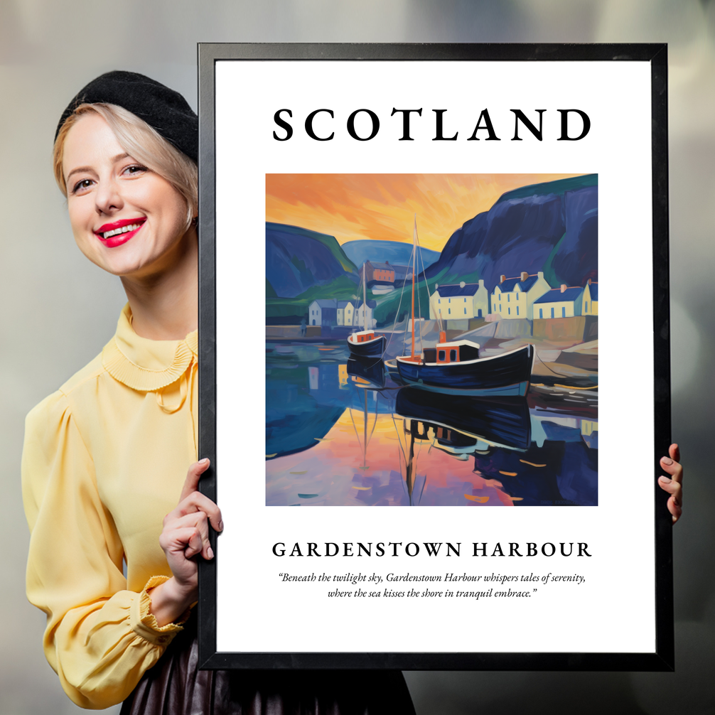 Person holding a poster of Gardenstown Harbour