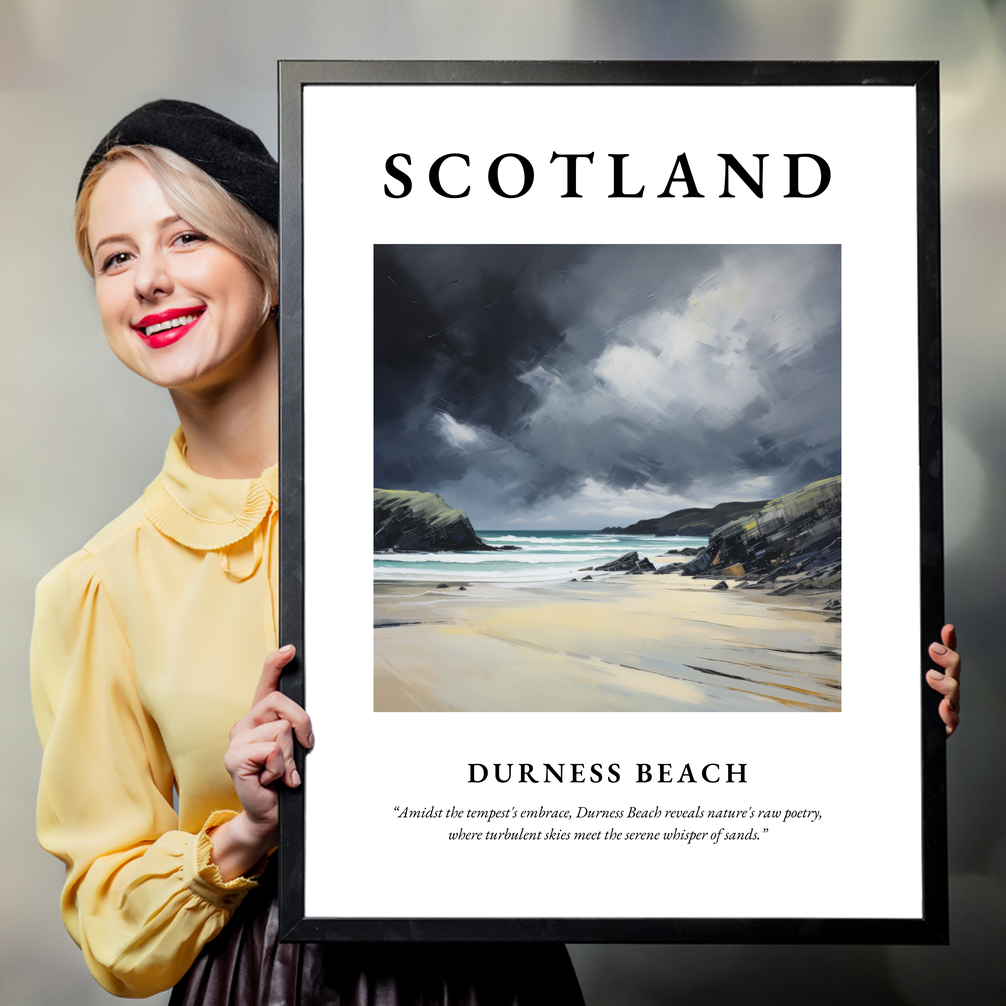 Person holding a poster of Durness Beach