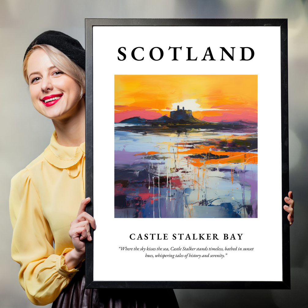 Person holding a poster of Castle Stalker Bay