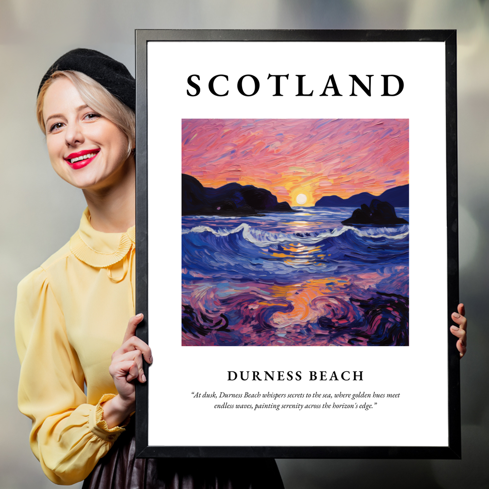 Person holding a poster of Durness Beach