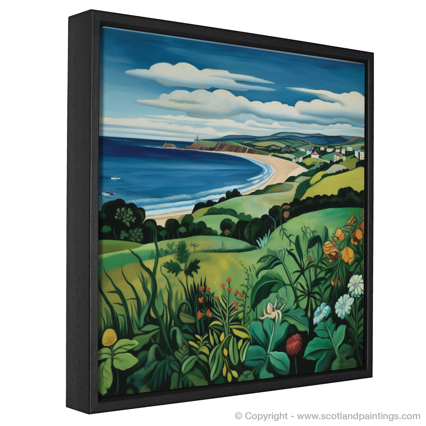 Coldingham Bay Enchantment: A Naive Art Homage to Scottish Seaside Splendor