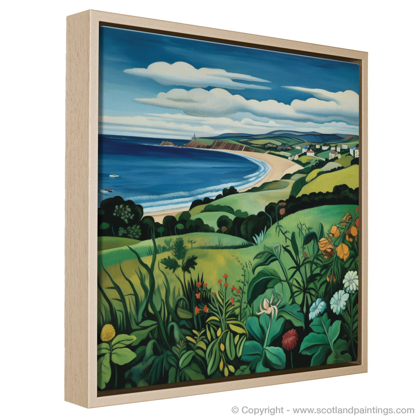 Coldingham Bay Enchantment: A Naive Art Homage to Scottish Seaside Splendor