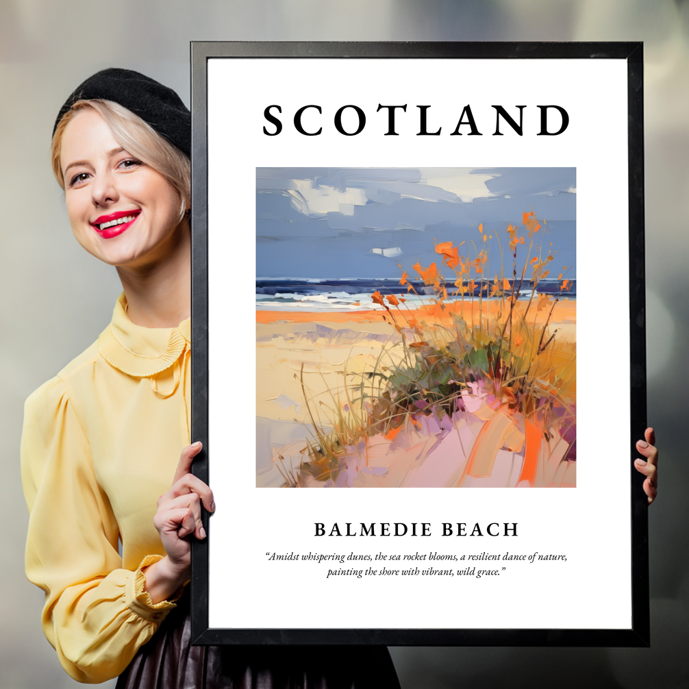 Person holding a poster of Balmedie Beach