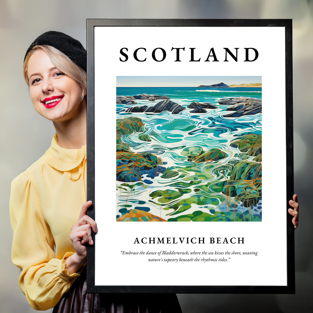 Person holding a poster of Achmelvich Beach