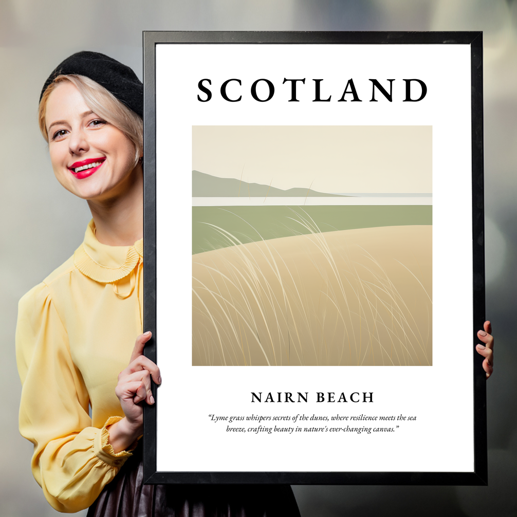 Person holding a poster of Nairn Beach