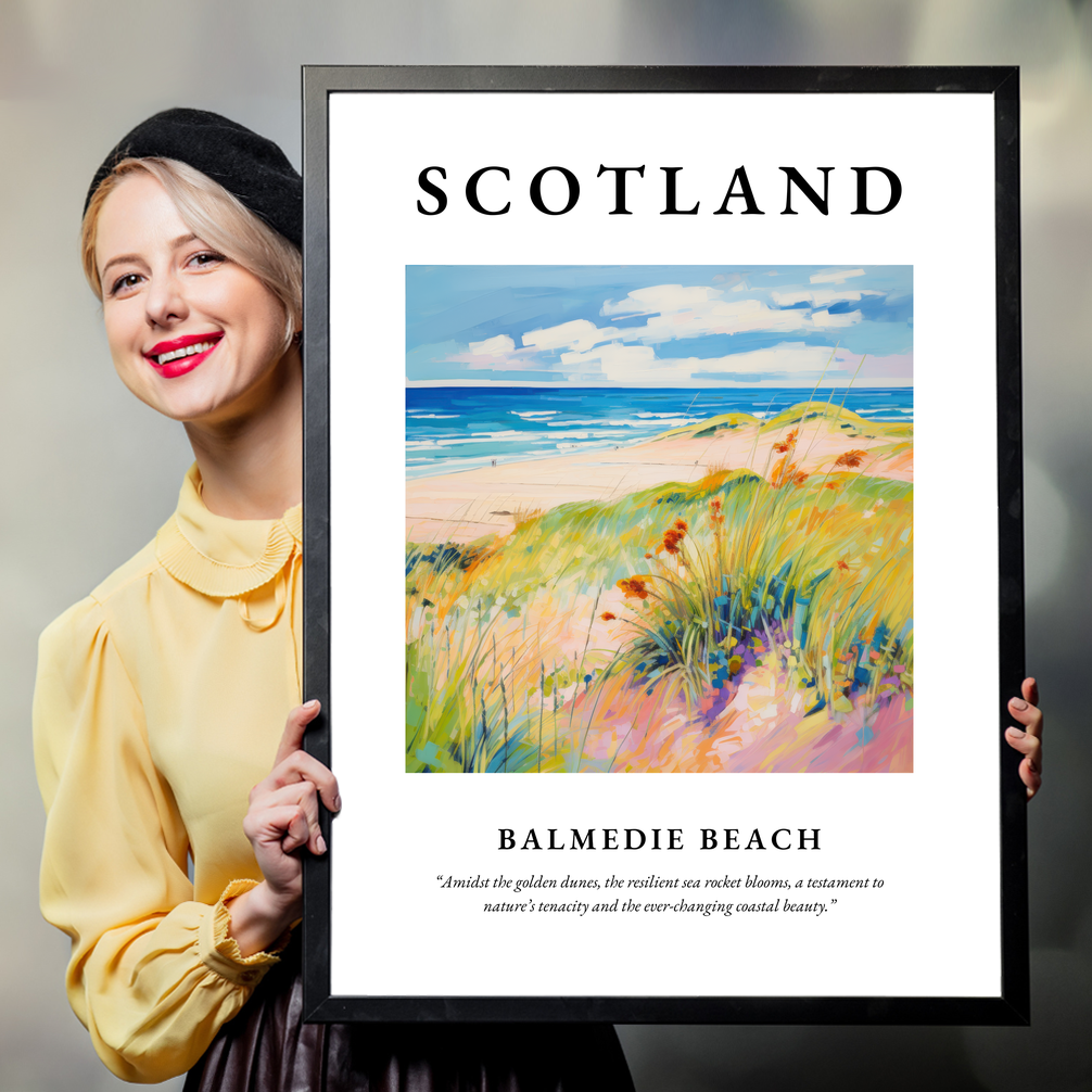 Person holding a poster of Balmedie Beach