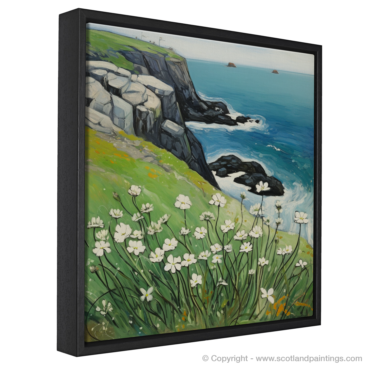 Sea Campion on the Cliffs of Cape Wrath: A Naive Art Homage to Scottish Coastal Splendor