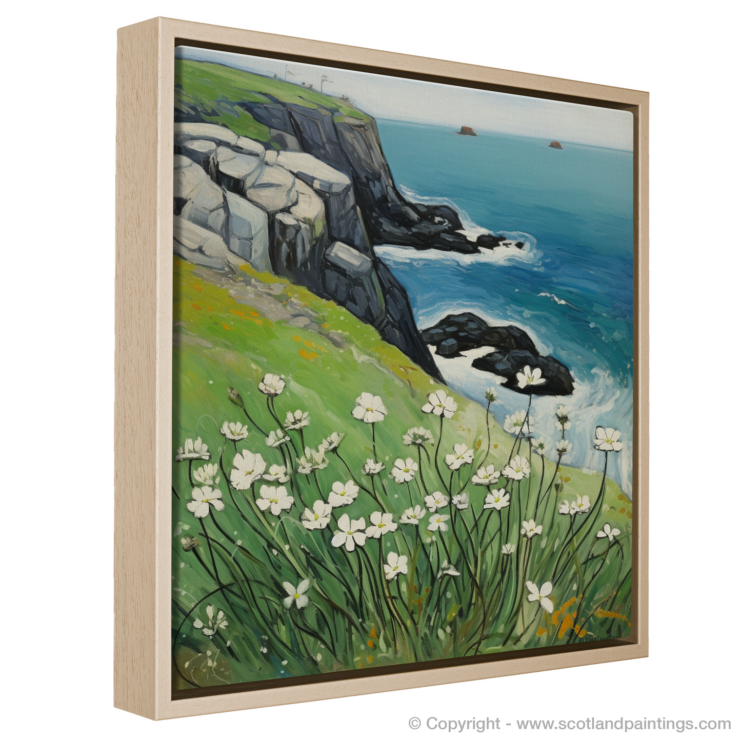 Sea Campion on the Cliffs of Cape Wrath: A Naive Art Homage to Scottish Coastal Splendor