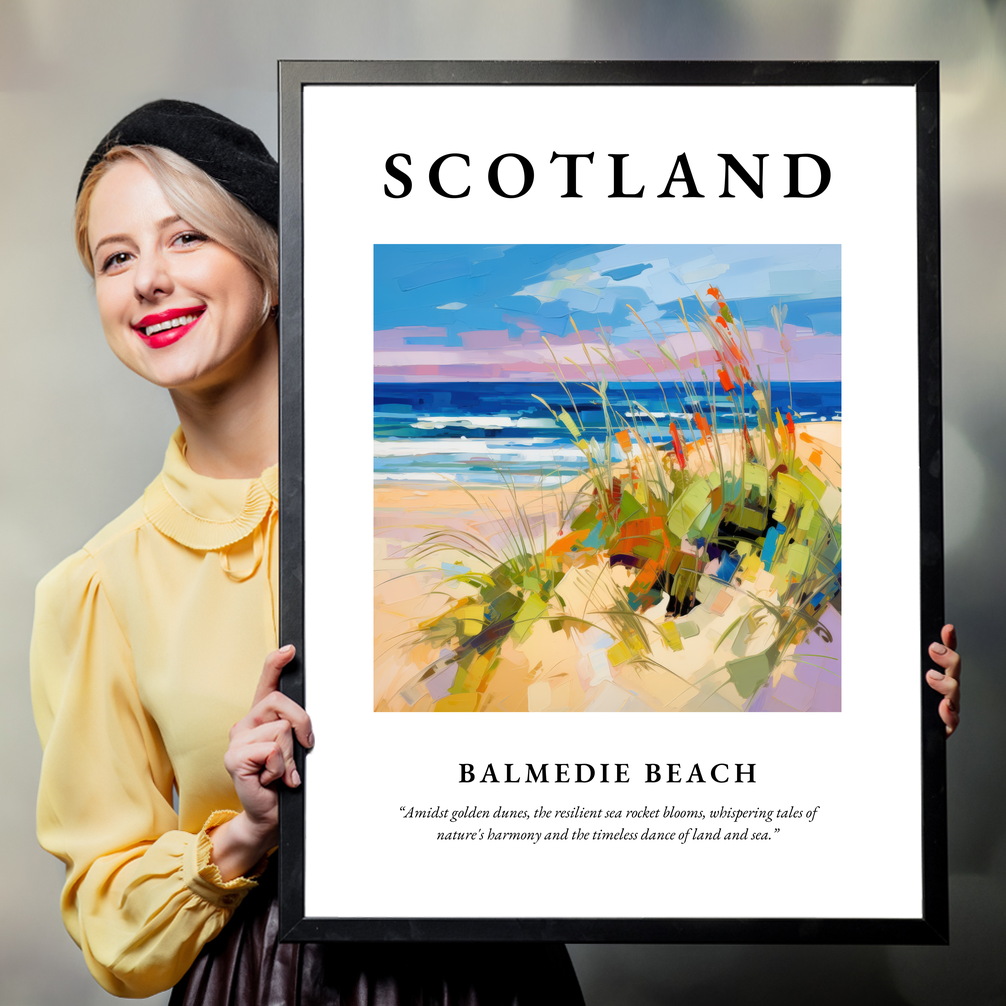 Person holding a poster of Balmedie Beach