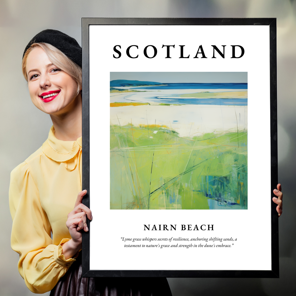 Person holding a poster of Nairn Beach