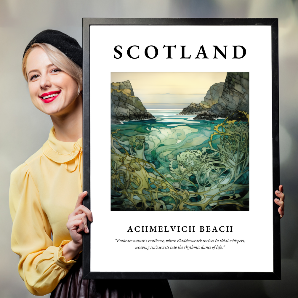 Person holding a poster of Achmelvich Beach