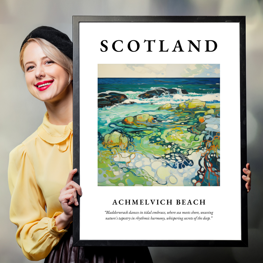 Person holding a poster of Achmelvich Beach