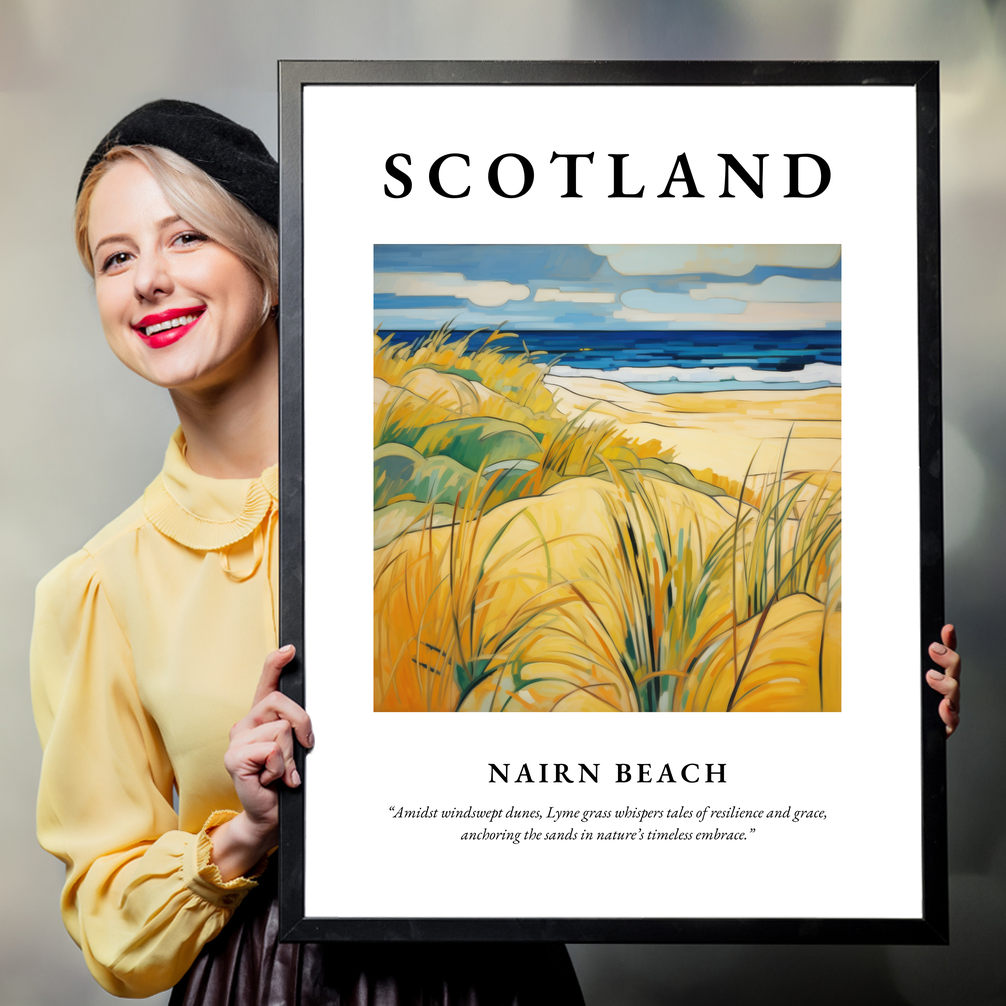 Person holding a poster of Nairn Beach