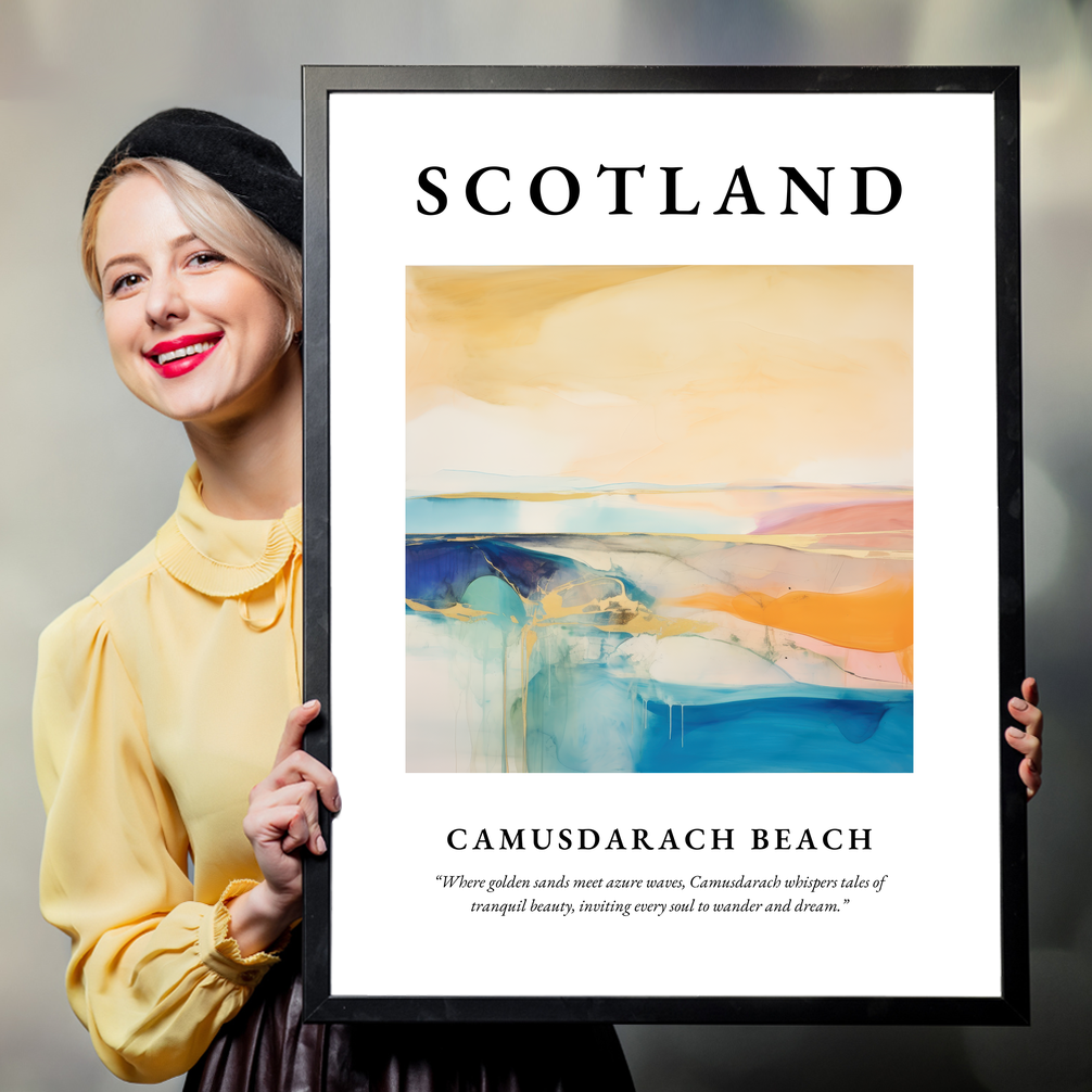 Person holding a poster of Camusdarach Beach