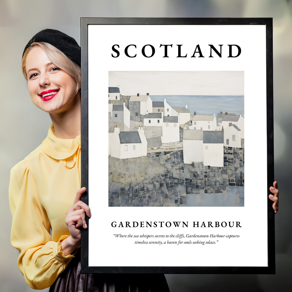 Person holding a poster of Gardenstown Harbour