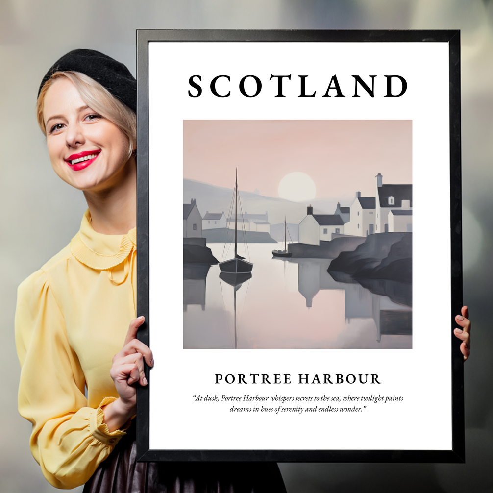 Person holding a poster of Portree Harbour