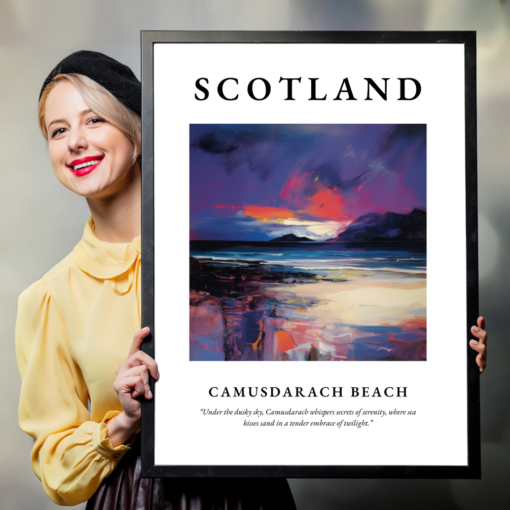 Person holding a poster of Camusdarach Beach