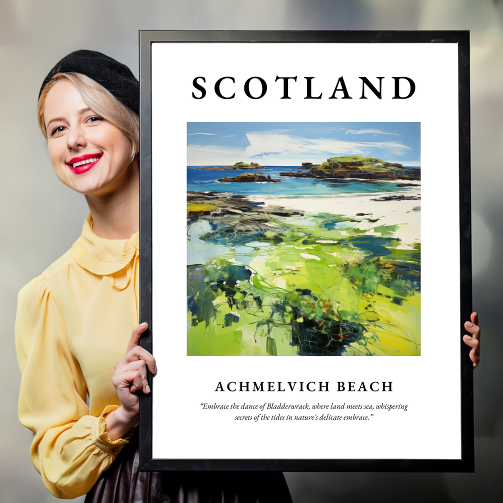 Person holding a poster of Achmelvich Beach