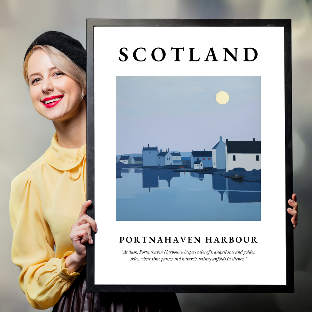 Person holding a poster of Portnahaven Harbour