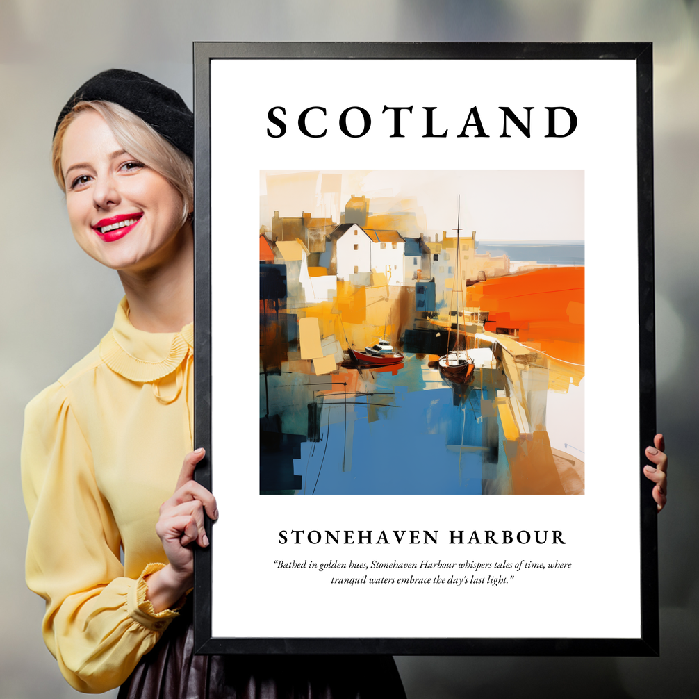 Person holding a poster of Stonehaven Harbour