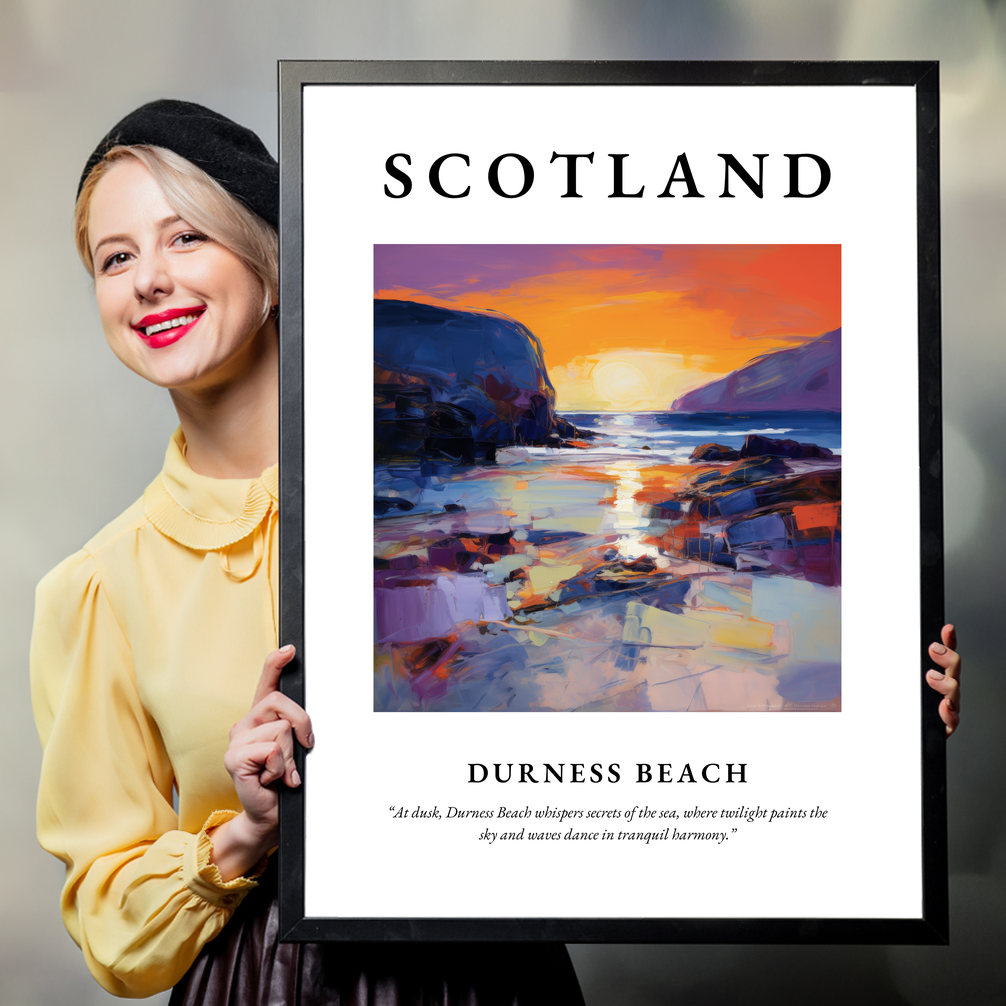 Person holding a poster of Durness Beach