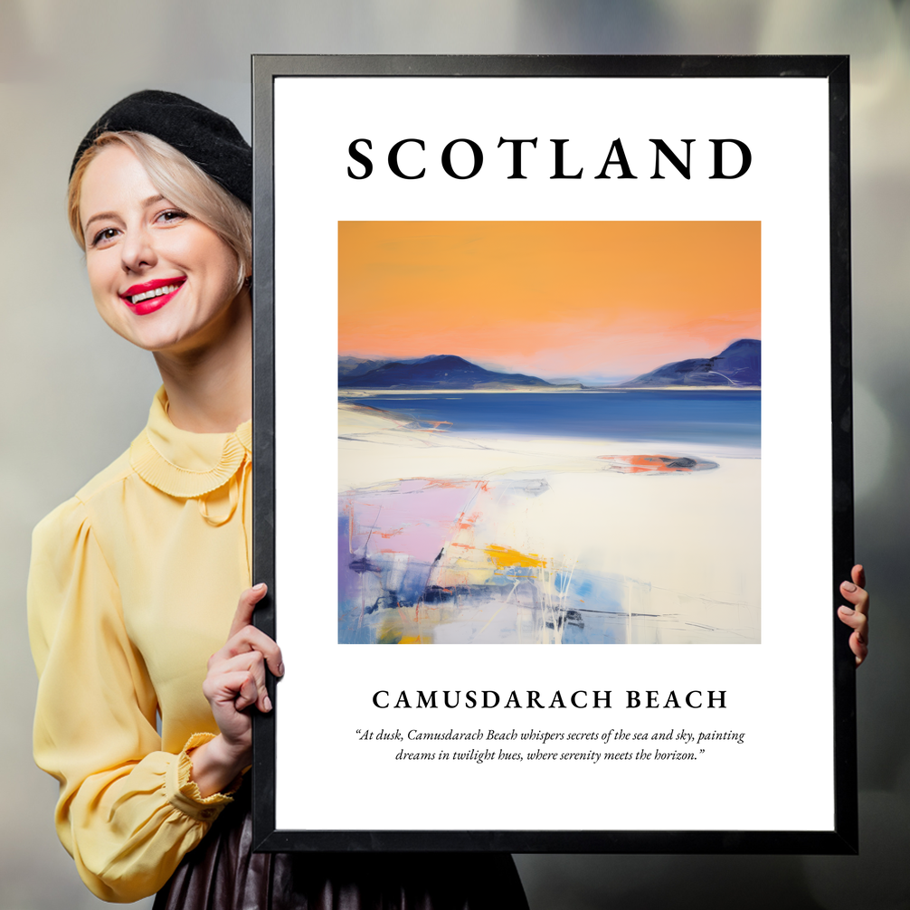 Person holding a poster of Camusdarach Beach