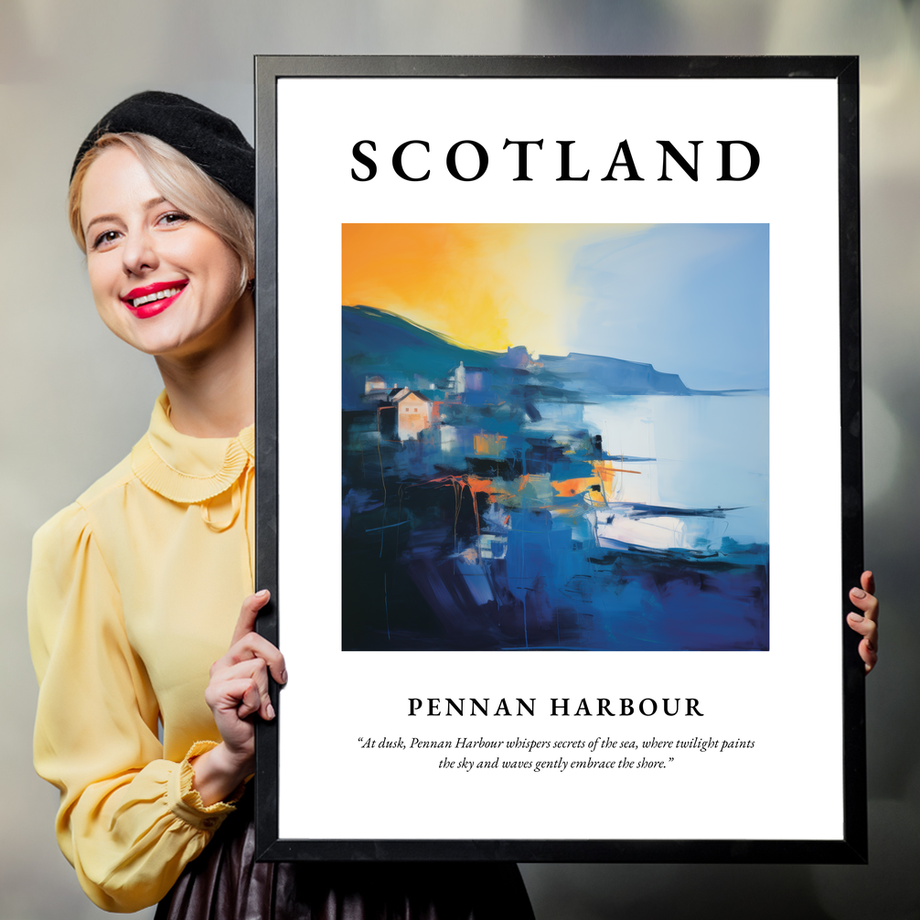 Person holding a poster of Pennan Harbour