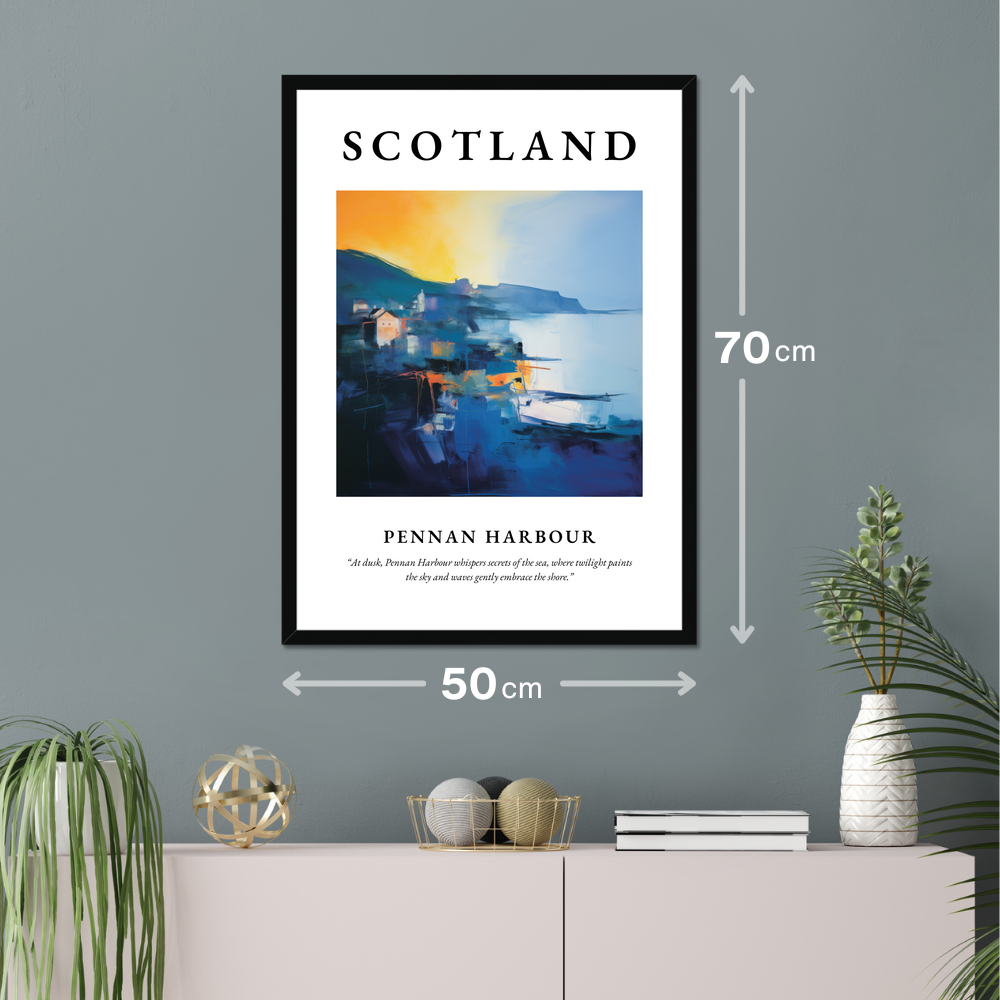 Poster of Pennan Harbour hanging on a wall