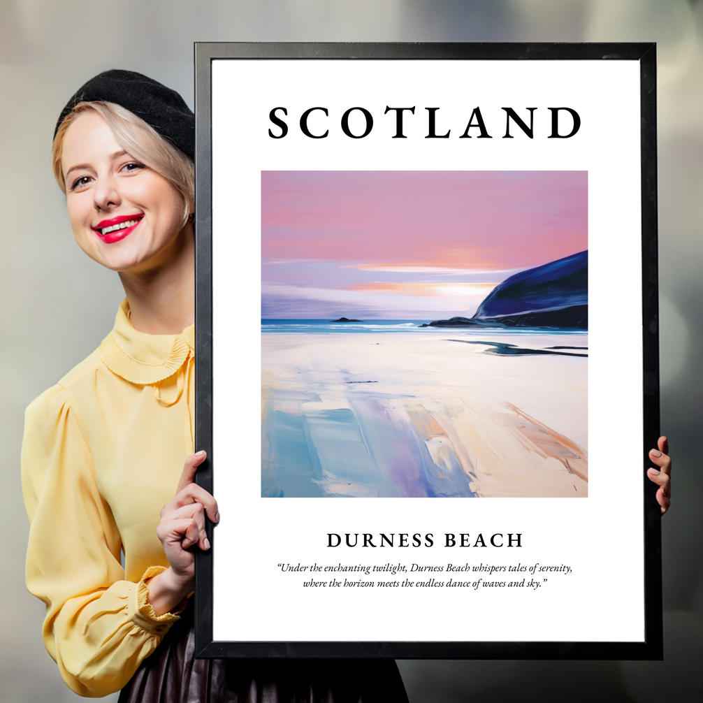 Person holding a poster of Durness Beach