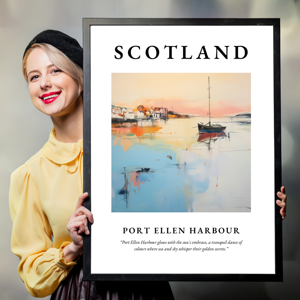 Person holding a poster of Port Ellen Harbour