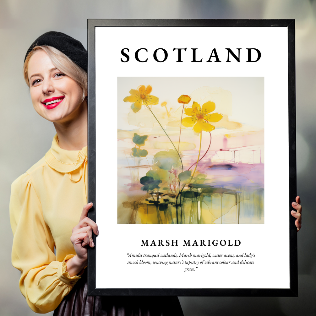 Person holding a poster of Marsh marigold