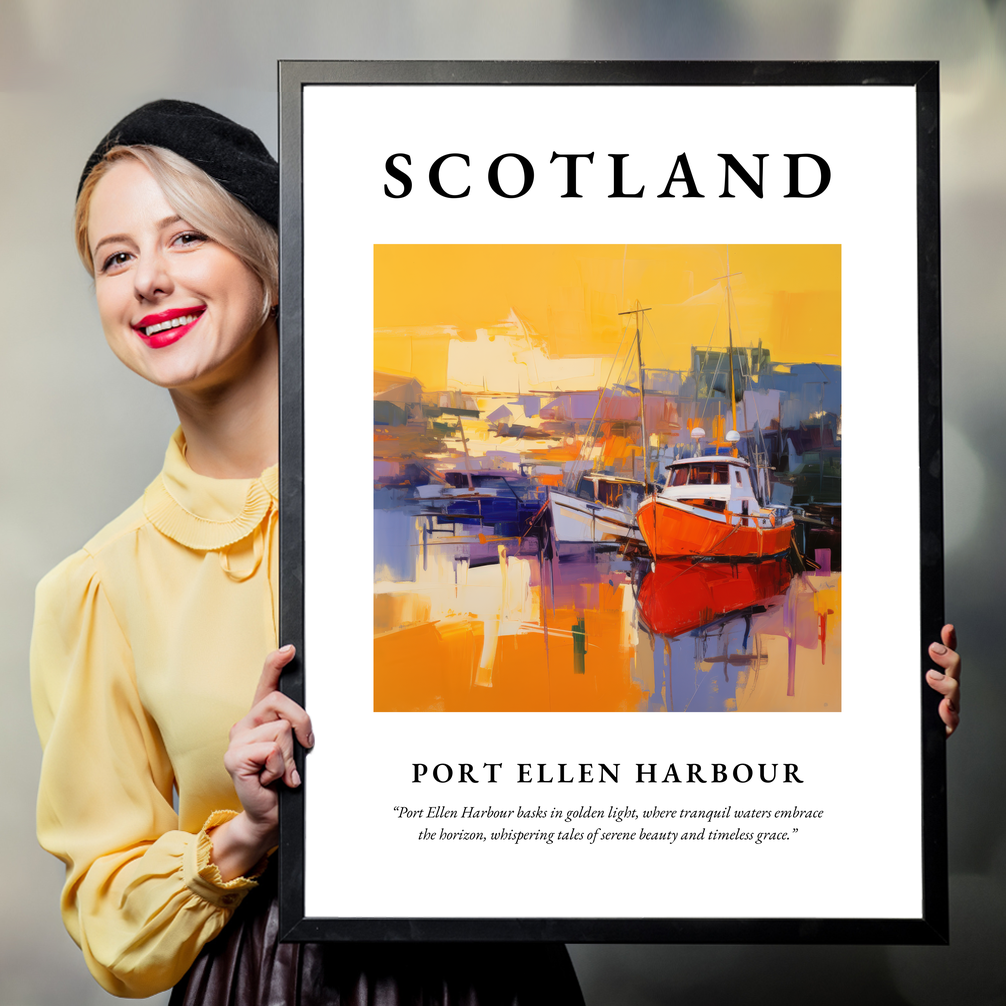 Person holding a poster of Port Ellen Harbour