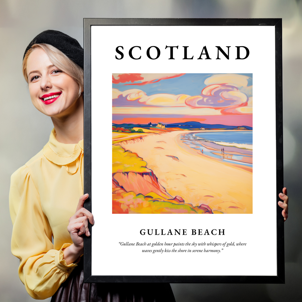 Person holding a poster of Gullane Beach