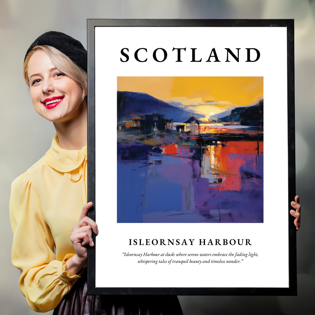 Person holding a poster of Isleornsay Harbour