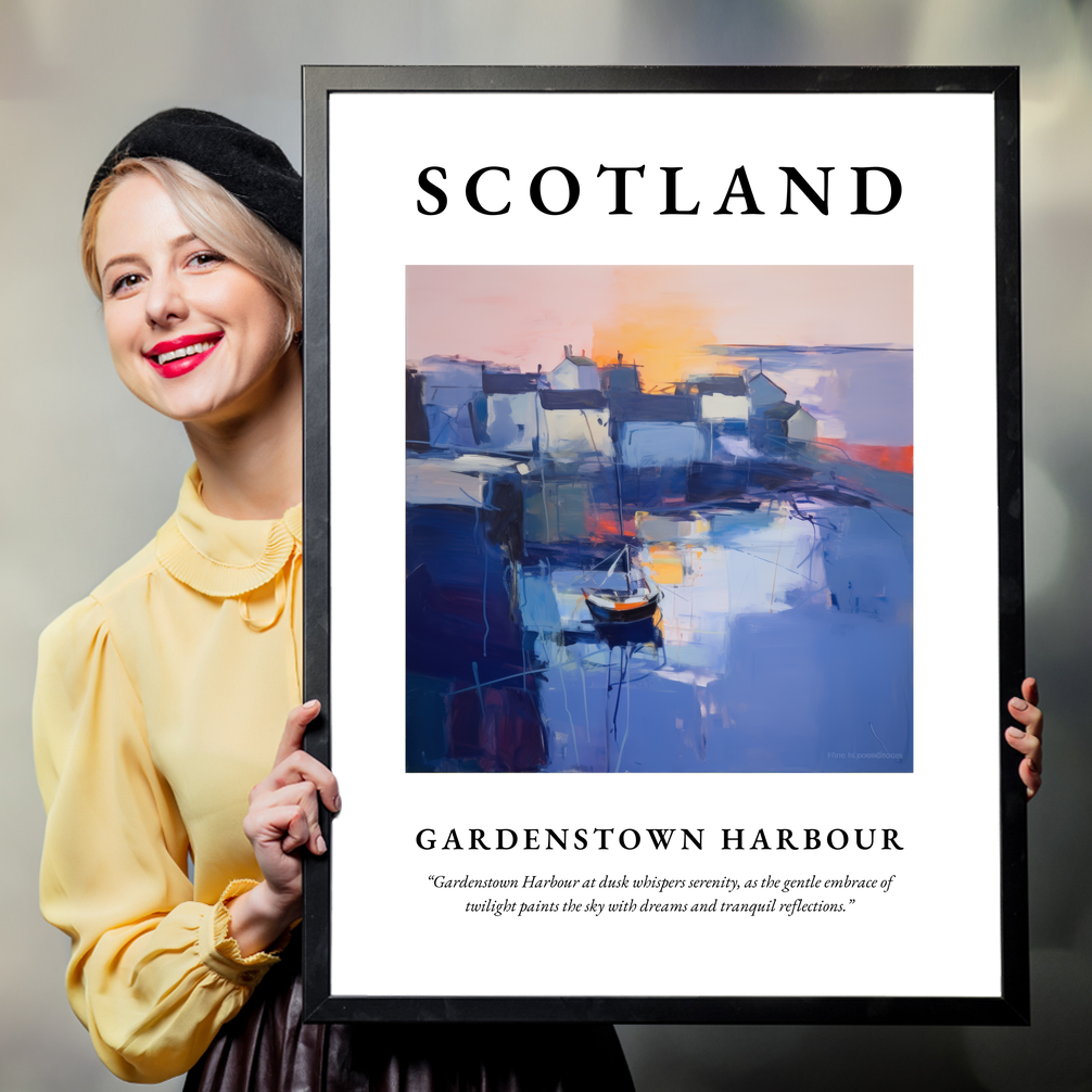 Person holding a poster of Gardenstown Harbour