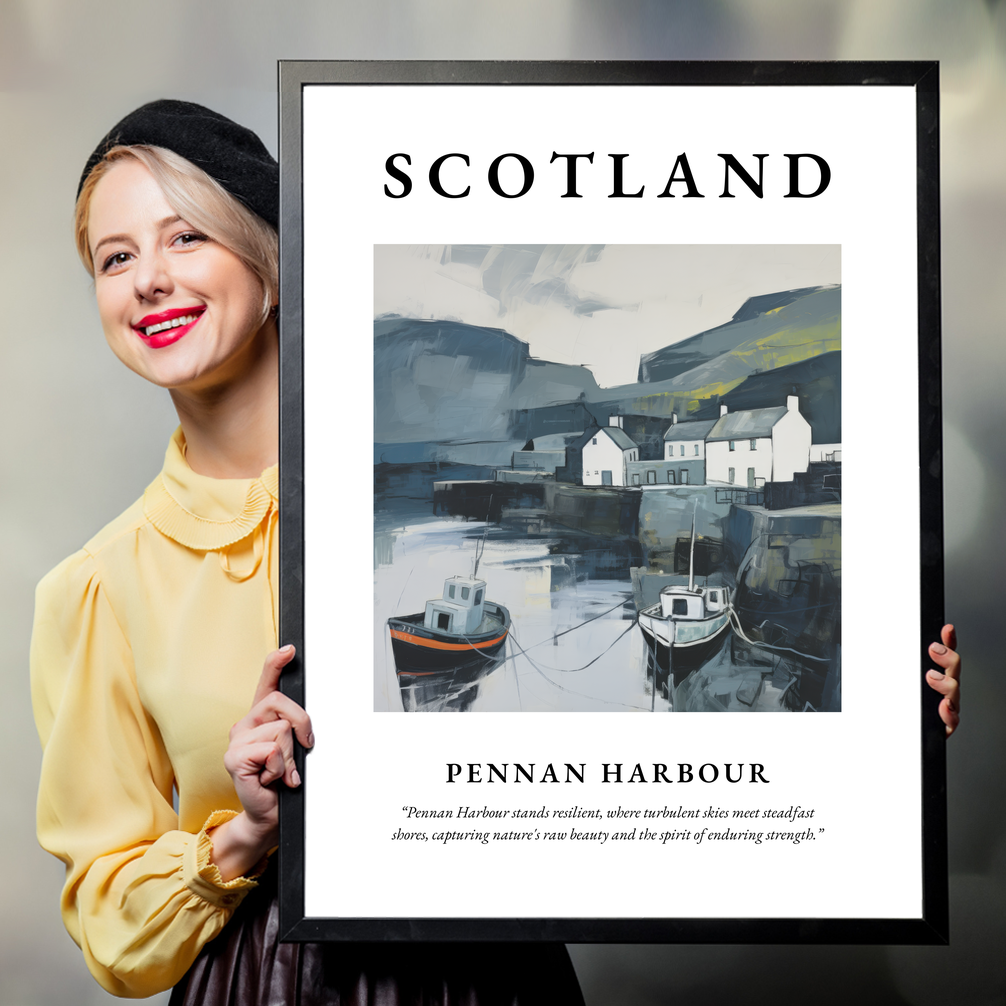 Person holding a poster of Pennan Harbour