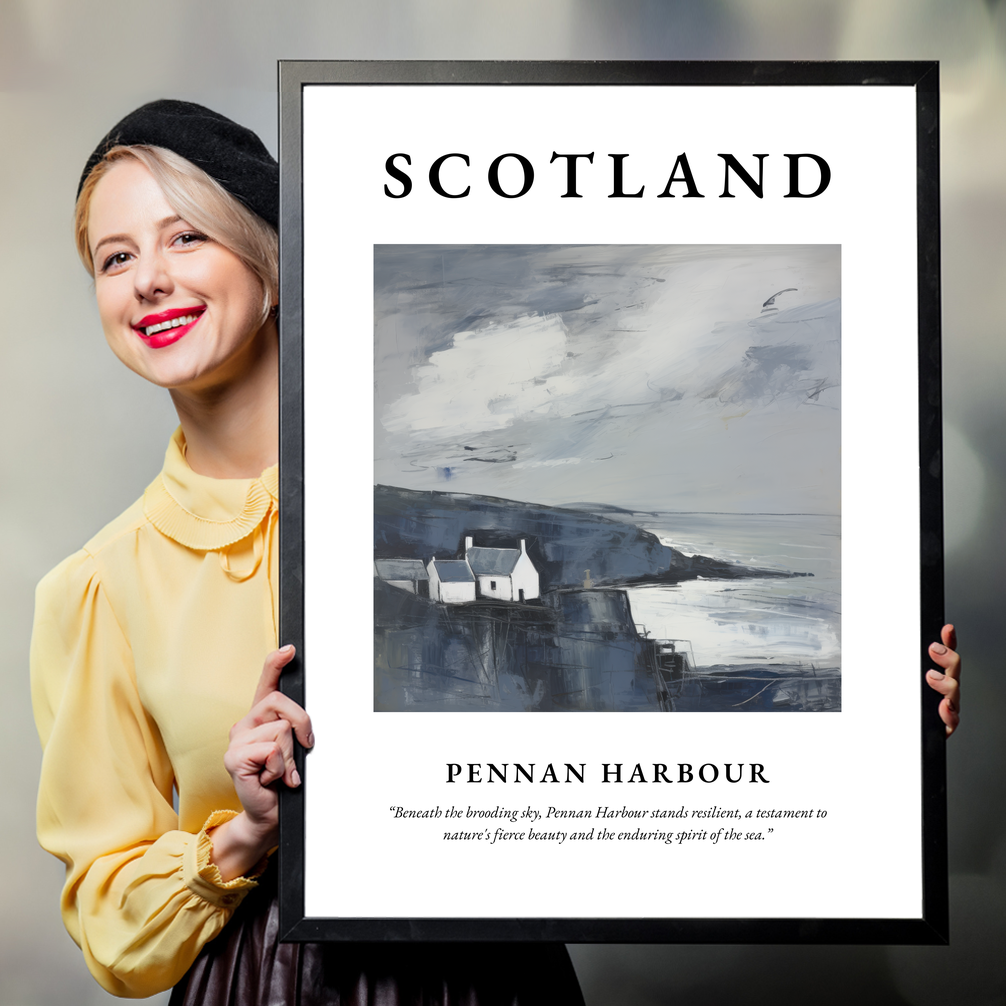 Person holding a poster of Pennan Harbour