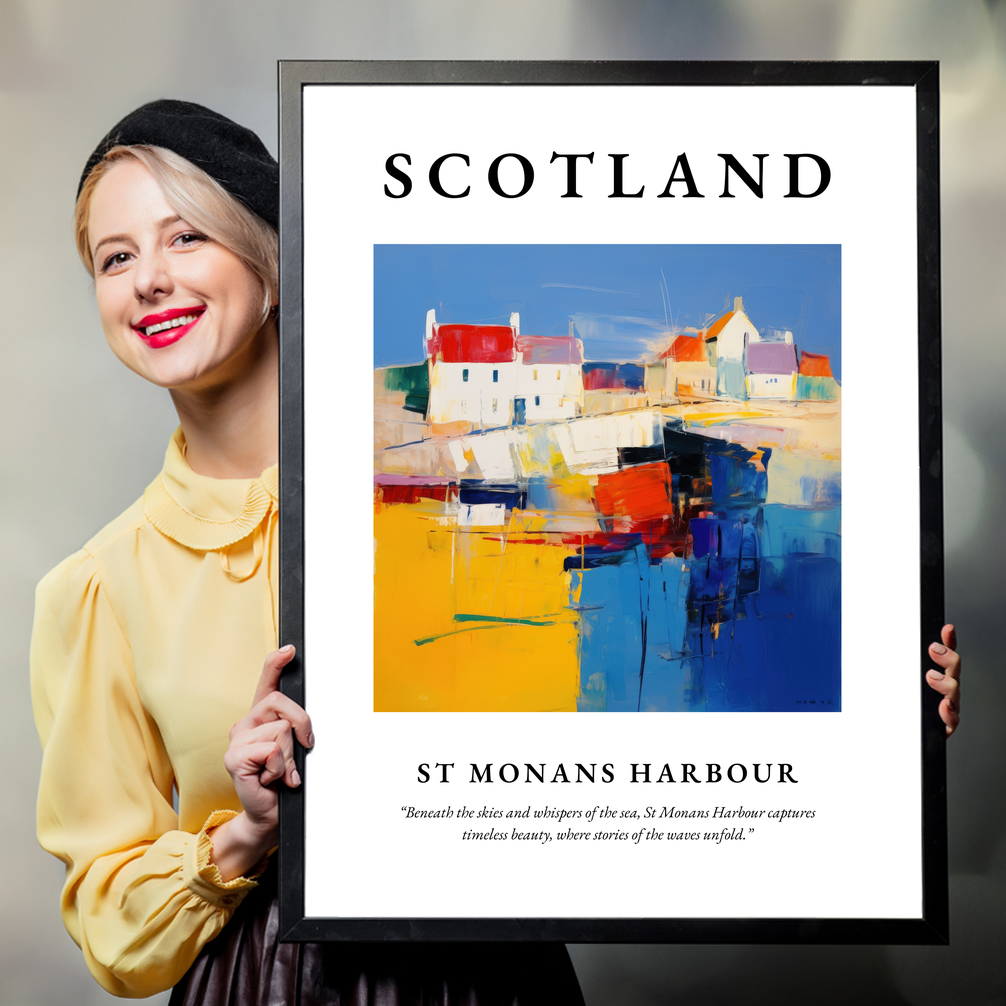 Person holding a poster of St Monans Harbour