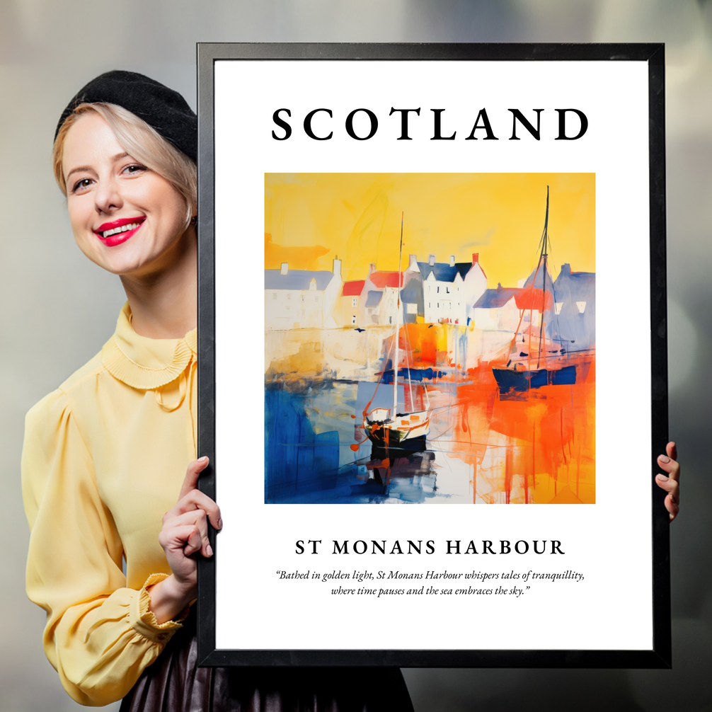 Person holding a poster of St Monans Harbour