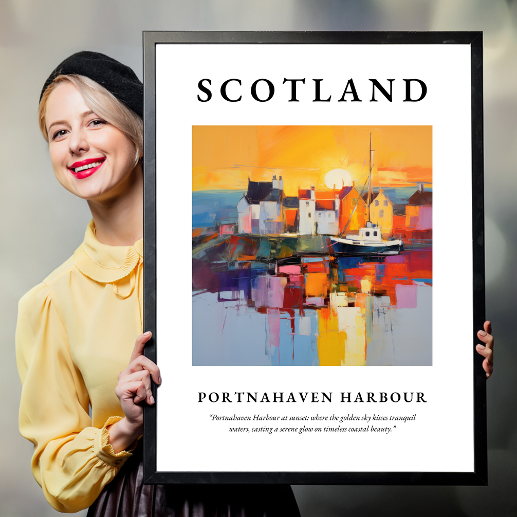 Person holding a poster of Portnahaven Harbour