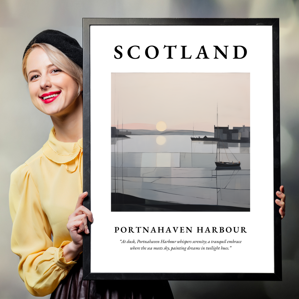 Person holding a poster of Portnahaven Harbour